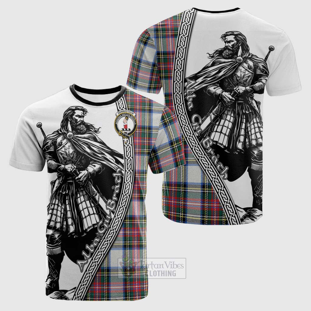 Tartan Vibes Clothing Dennistoun Tartan Clan Crest Cotton T-shirt with Highlander Warrior Celtic Style