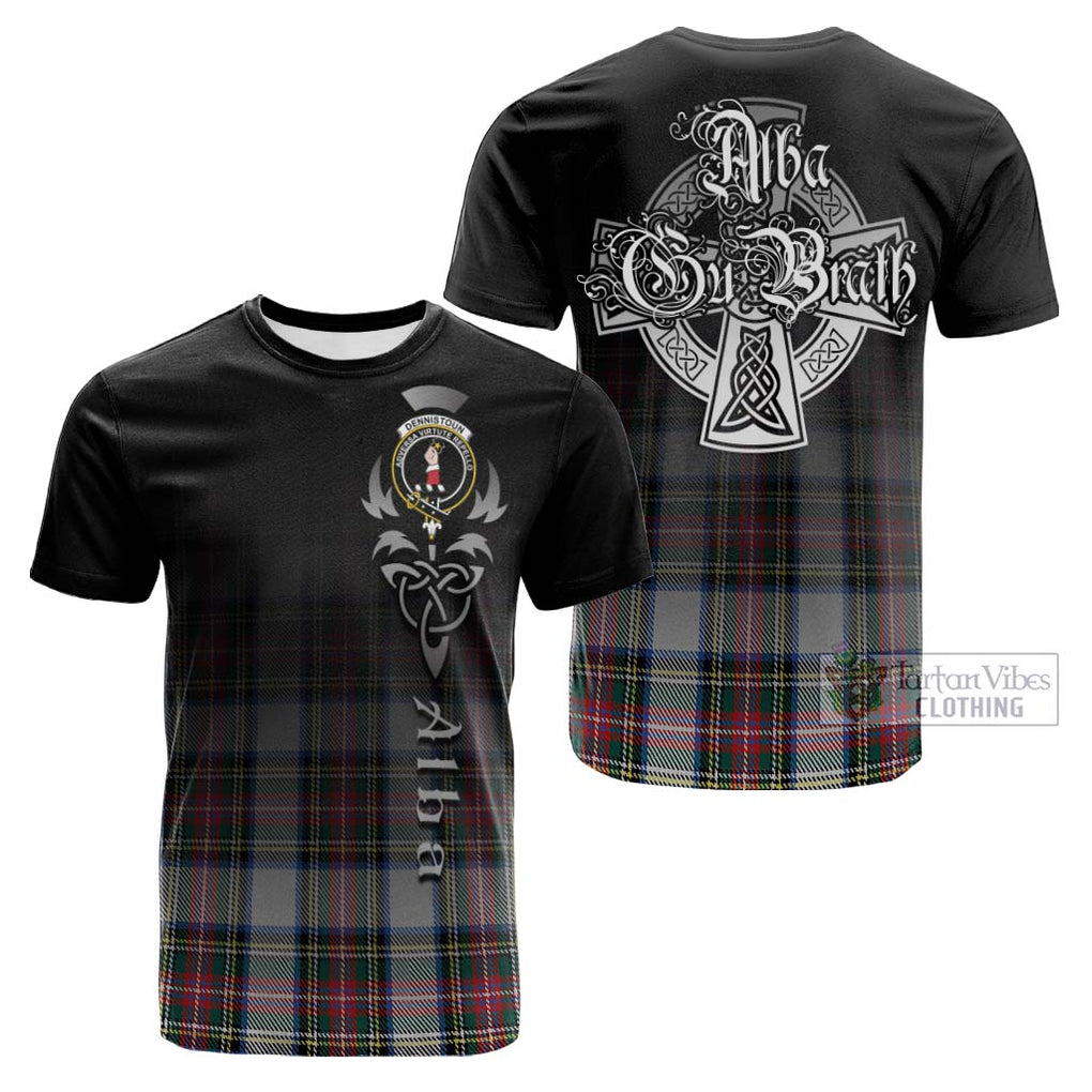 Tartan Vibes Clothing Dennistoun Tartan Cotton T-shirt Featuring Alba Gu Brath Family Crest Celtic Inspired