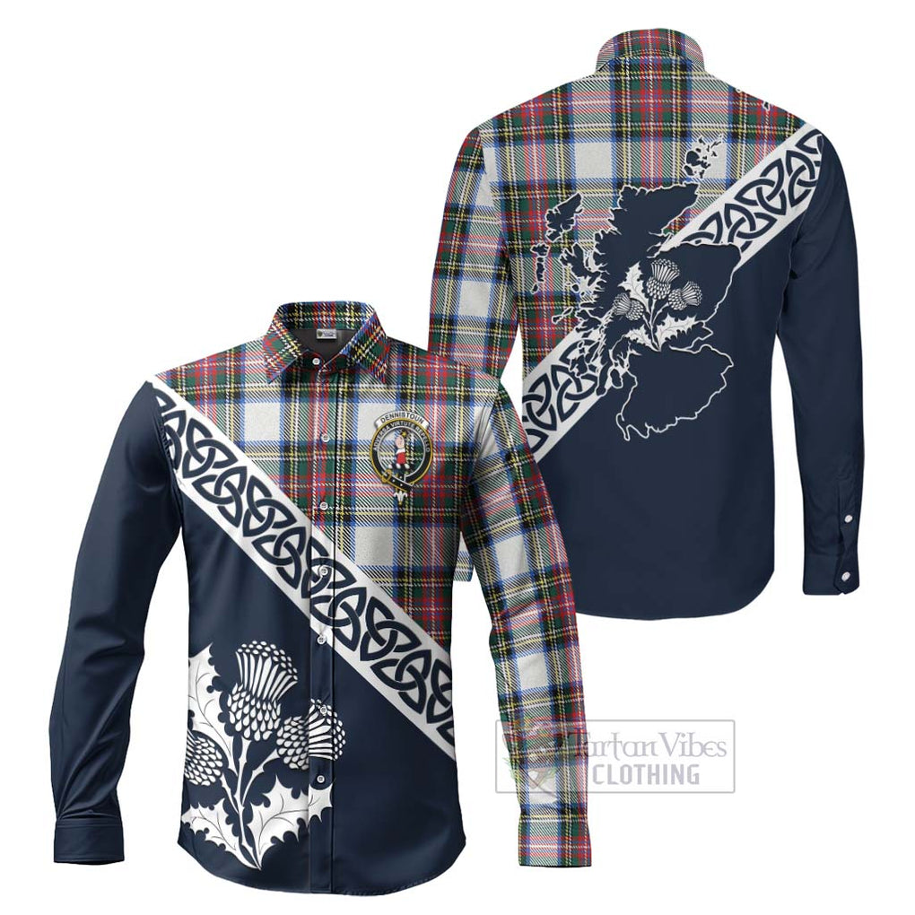 Tartan Vibes Clothing Dennistoun Tartan Long Sleeve Button Shirt Featuring Thistle and Scotland Map