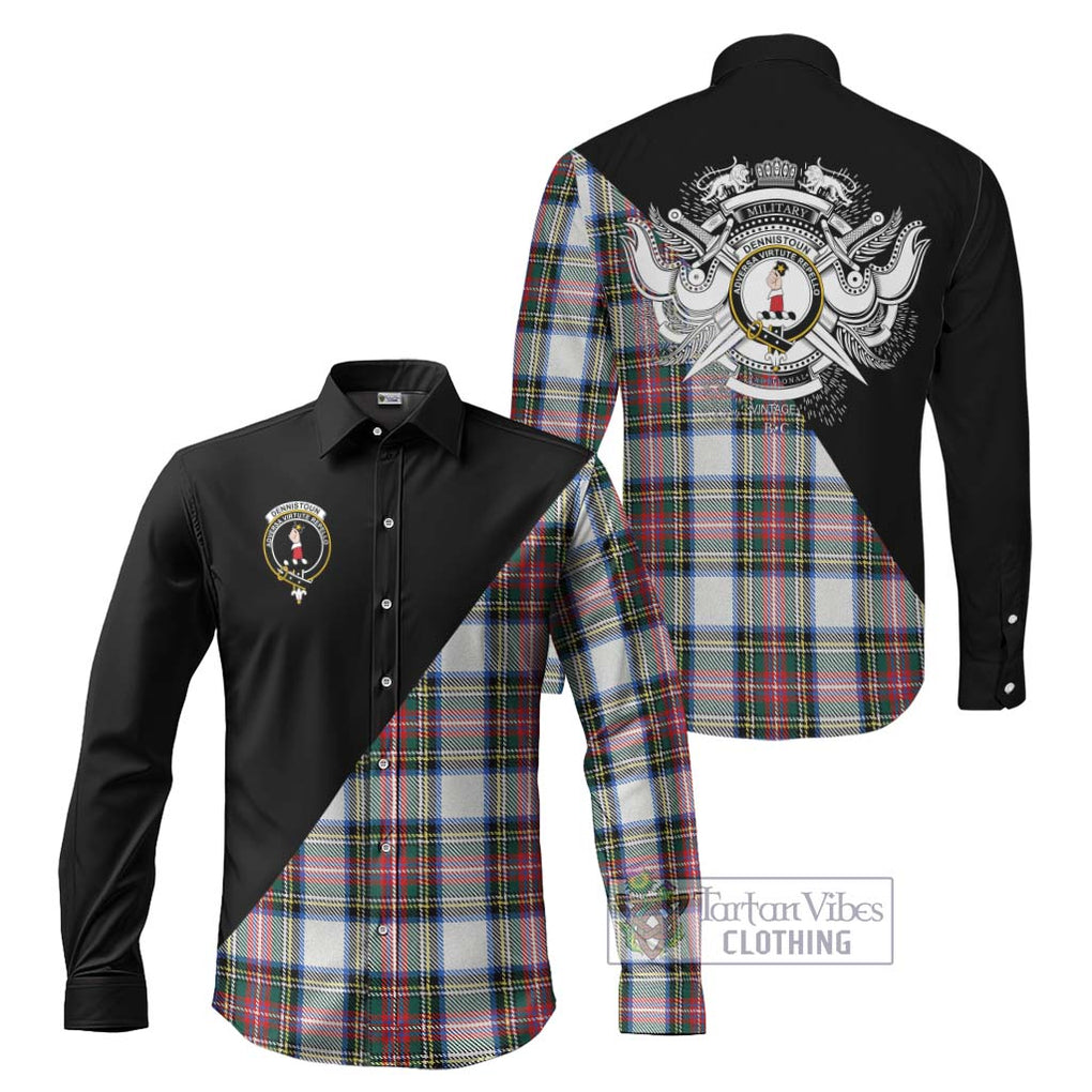 Dennistoun Tartan Long Sleeve Button Shirt with Family Crest and Military Logo Style Men's Shirt S - Tartanvibesclothing Shop