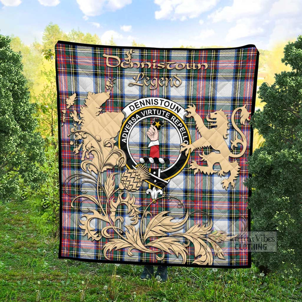 Tartan Vibes Clothing Dennistoun Tartan Quilt with Family Crest and Scottish Symbol Style