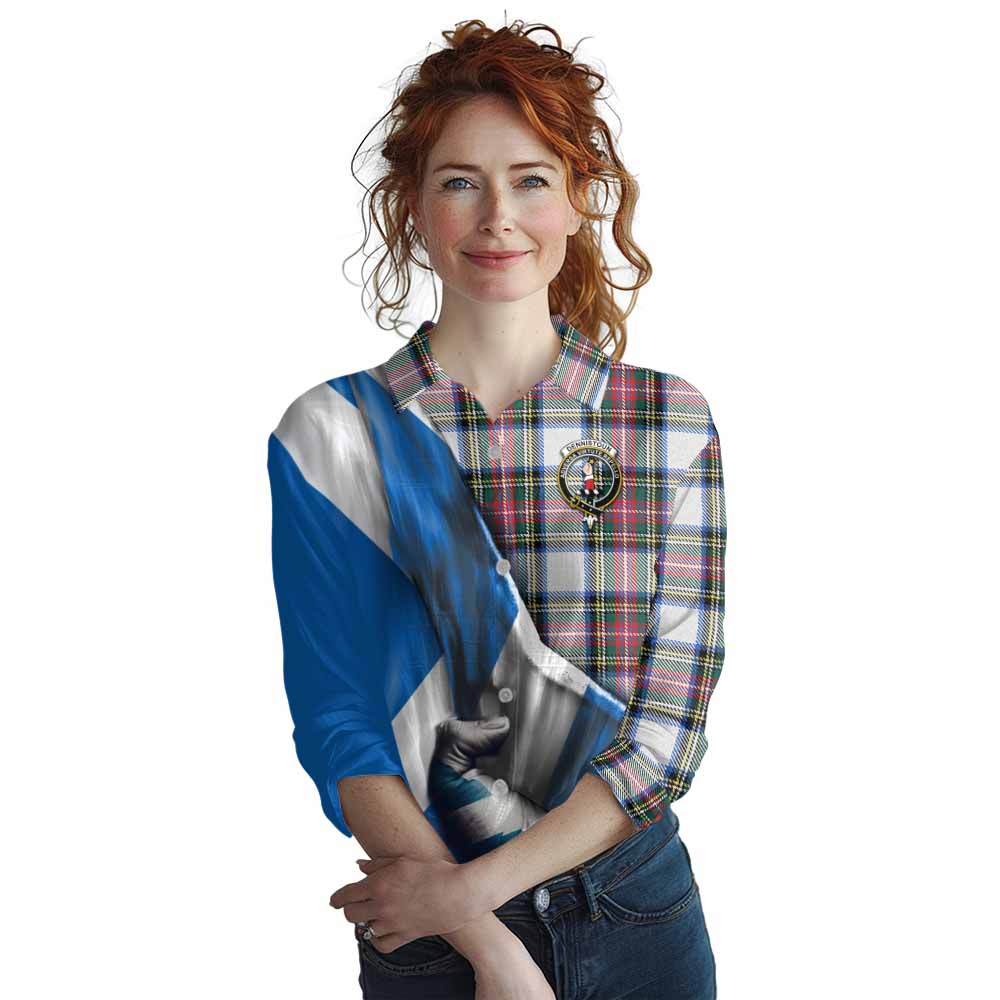 Tartan Vibes Clothing Dennistoun Tartan Women's Casual Shirt with Family Crest Scotland Patriotic Style