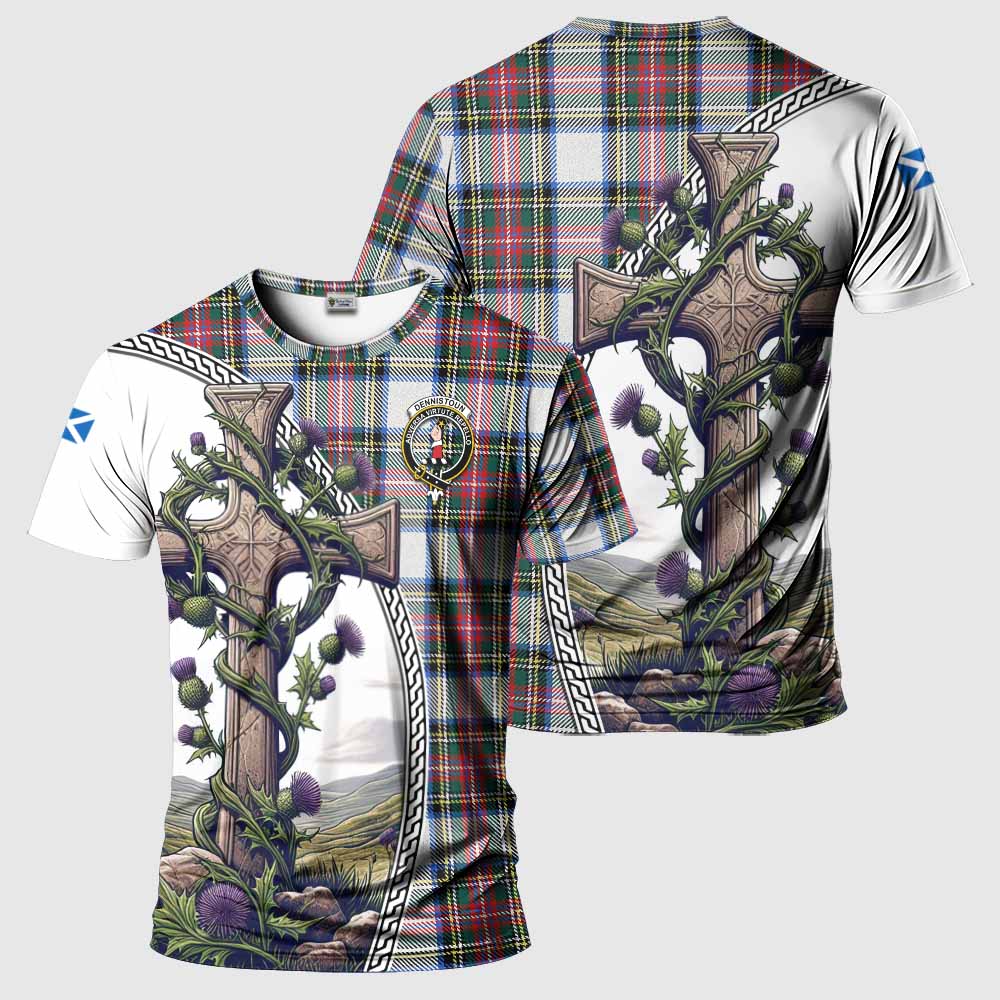 Tartan Vibes Clothing Dennistoun Agnew Tartan T-Shirt with Family Crest and St. Andrew's Cross Accented by Thistle Vines