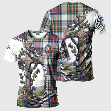 Dennistoun Tartan T-Shirt with Family Crest and St. Andrew's Cross Accented by Thistle Vines