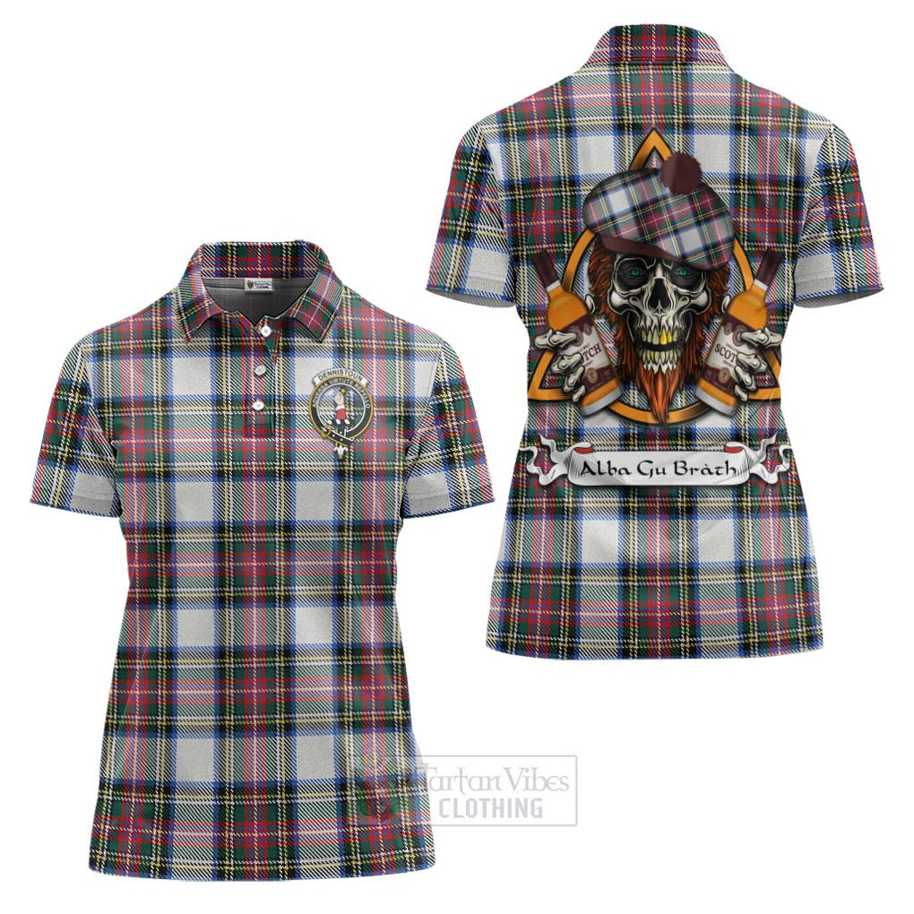 Tartan Vibes Clothing Dennistoun Tartan Women's Polo Shirt with Family Crest and Bearded Skull Holding Bottles of Whiskey