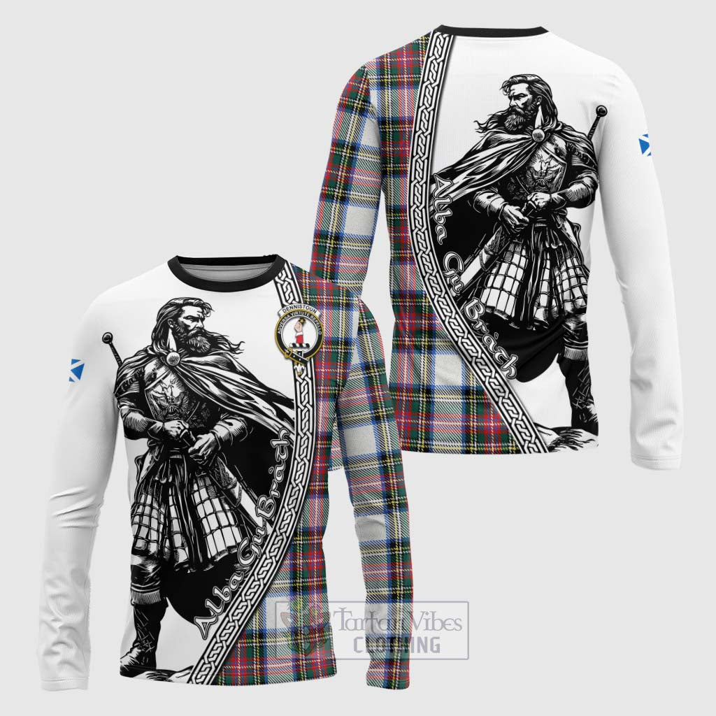 Tartan Vibes Clothing Dennistoun Tartan Clan Crest Long Sleeve T-Shirt with Highlander Warrior Celtic Style