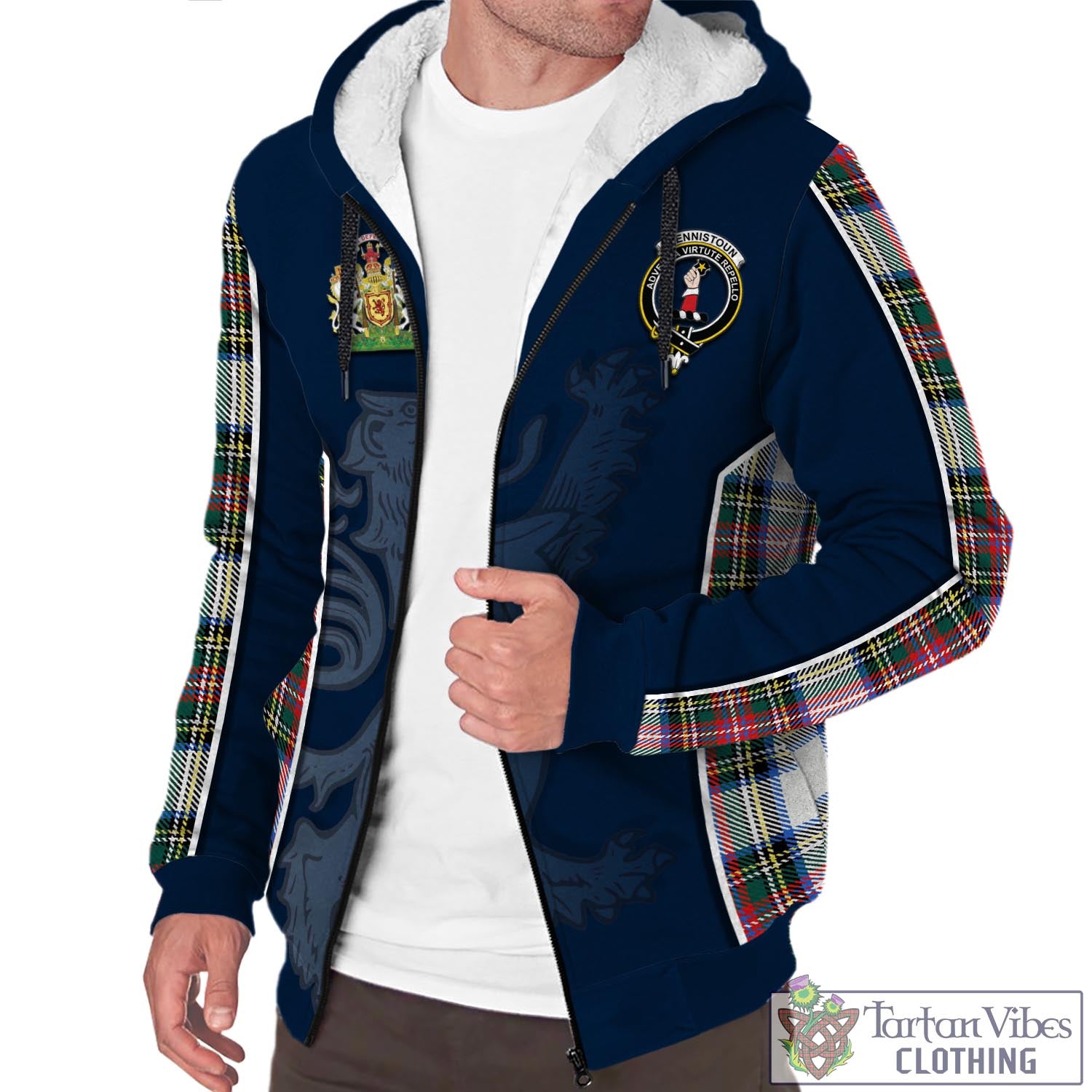 Tartan Vibes Clothing Dennistoun Tartan Sherpa Hoodie with Family Crest and Lion Rampant Vibes Sport Style