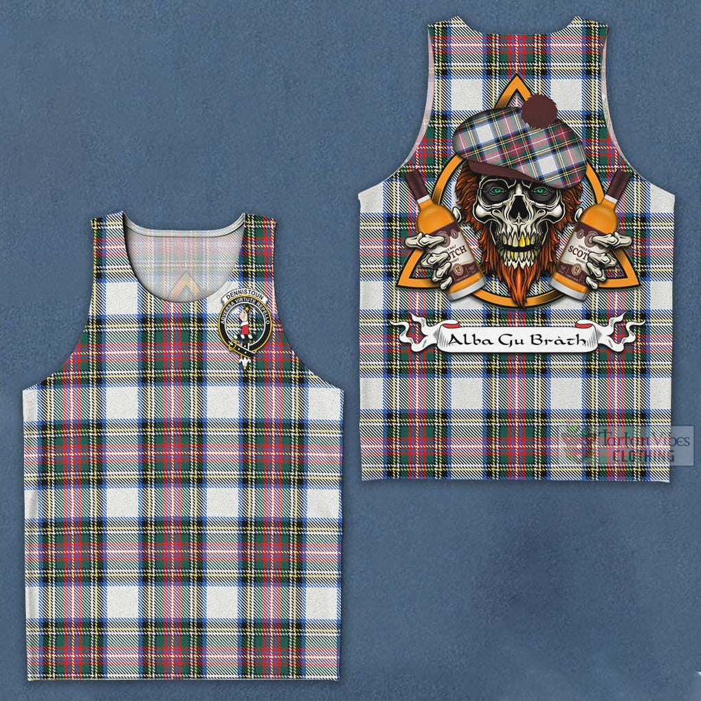 Tartan Vibes Clothing Dennistoun Tartan Men's Tank Top with Family Crest and Bearded Skull Holding Bottles of Whiskey