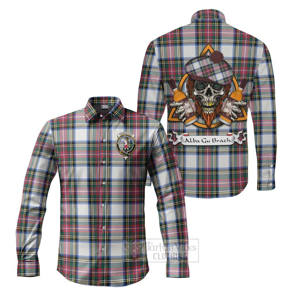 Tartan Vibes Clothing Dennistoun Tartan Long Sleeve Button Shirt with Family Crest and Bearded Skull Holding Bottles of Whiskey