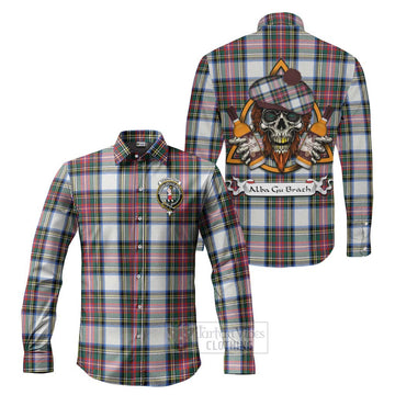 Dennistoun Tartan Long Sleeve Button Shirt with Family Crest and Bearded Skull Holding Bottles of Whiskey