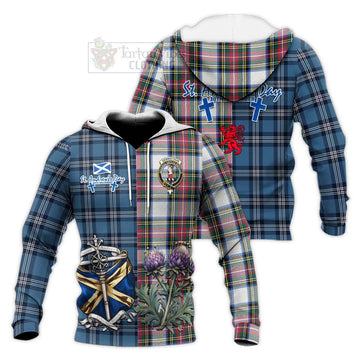 Dennistoun Tartan Knitted Hoodie Happy St. Andrew's Day Half Tartan Style