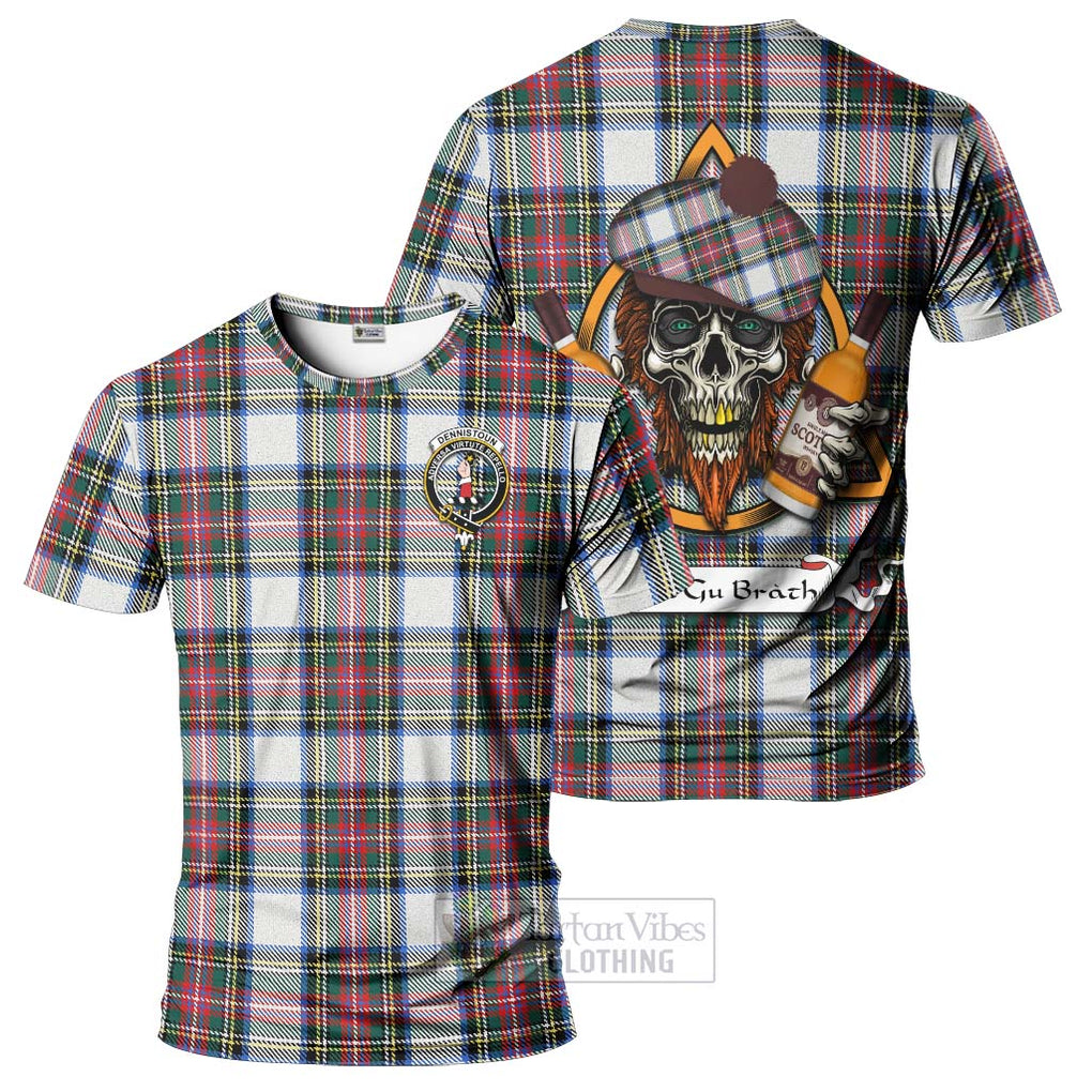 Tartan Vibes Clothing Dennistoun Tartan T-Shirt with Family Crest and Bearded Skull Holding Bottles of Whiskey