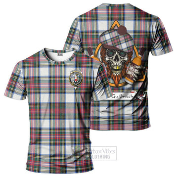 Dennistoun Tartan T-Shirt with Family Crest and Bearded Skull Holding Bottles of Whiskey