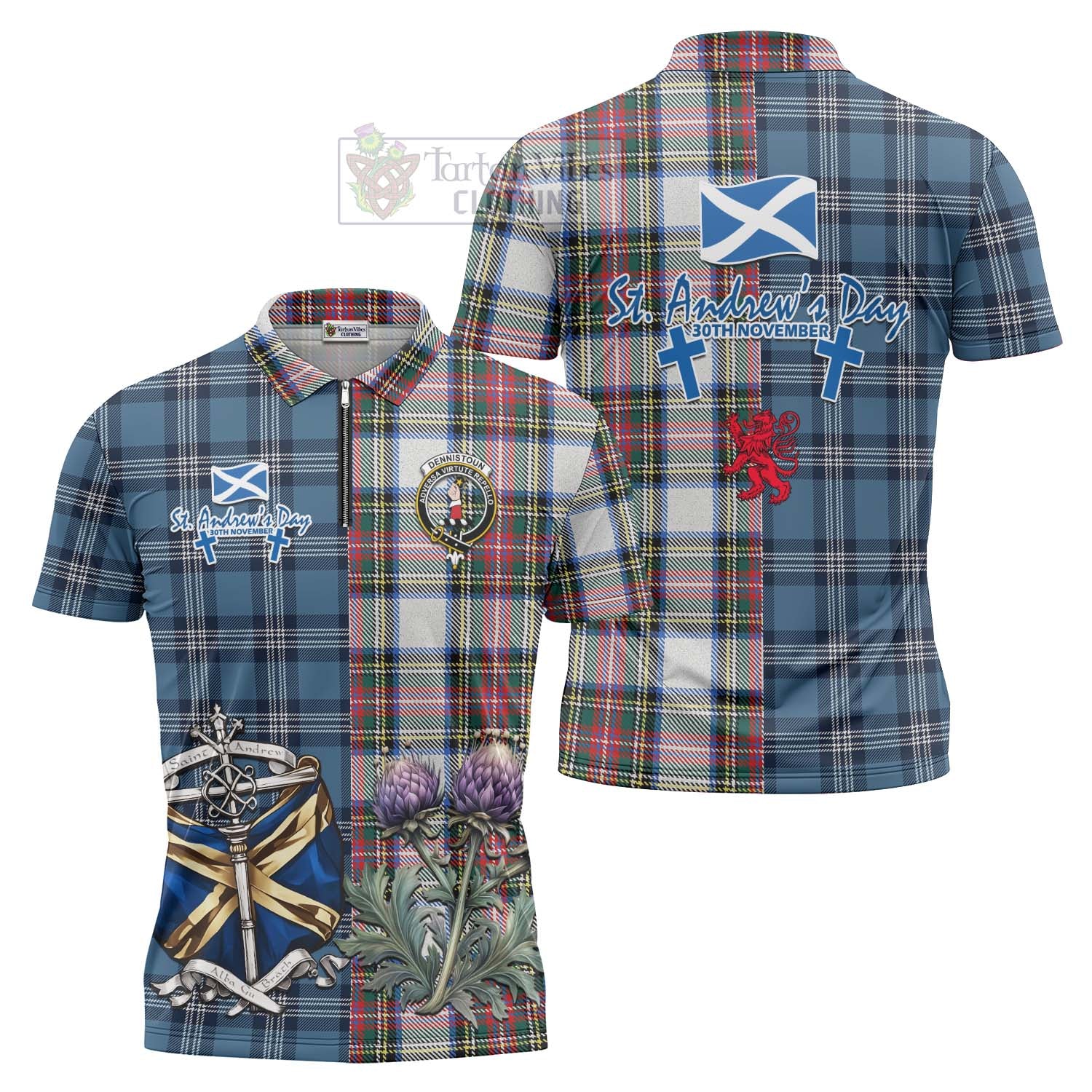 Tartan Vibes Clothing Dennistoun Tartan Zipper Polo Shirt Happy St. Andrew's Day Half Tartan Style