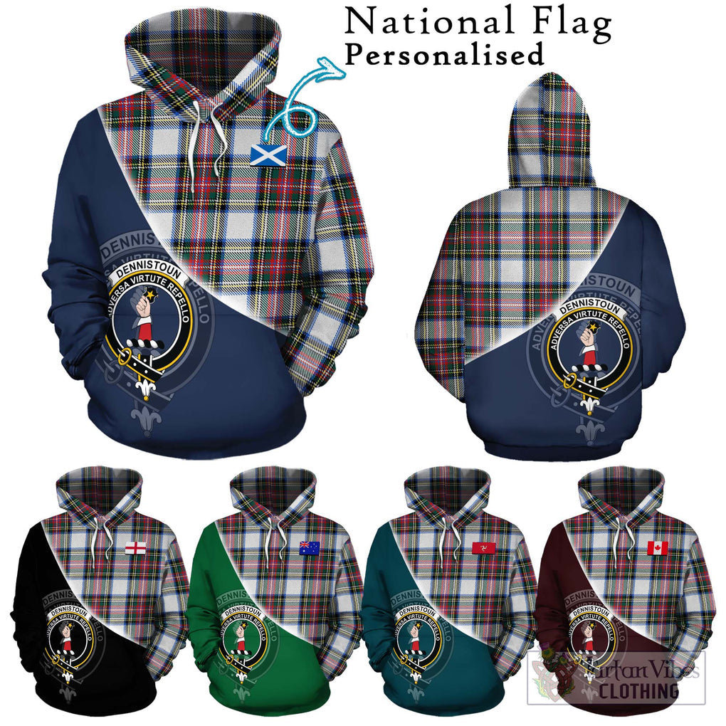 Dennistoun Tartan Hoodie with Personalised National Flag and Family Crest Half Style Zip Hoodie - Tartanvibesclothing Shop