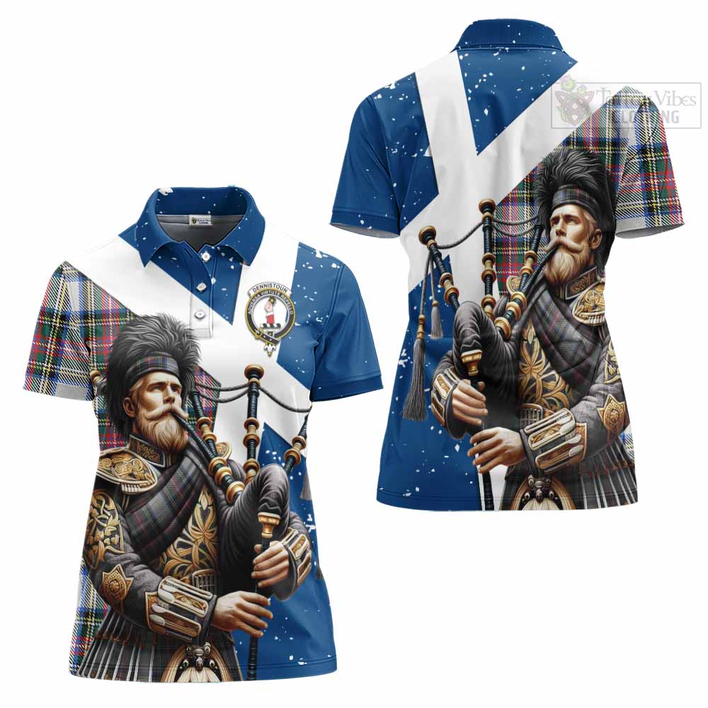 Tartan Vibes Clothing Dennistoun Tartan Women's Polo Shirt with Family Crest Scottish Bagpiper Vibes