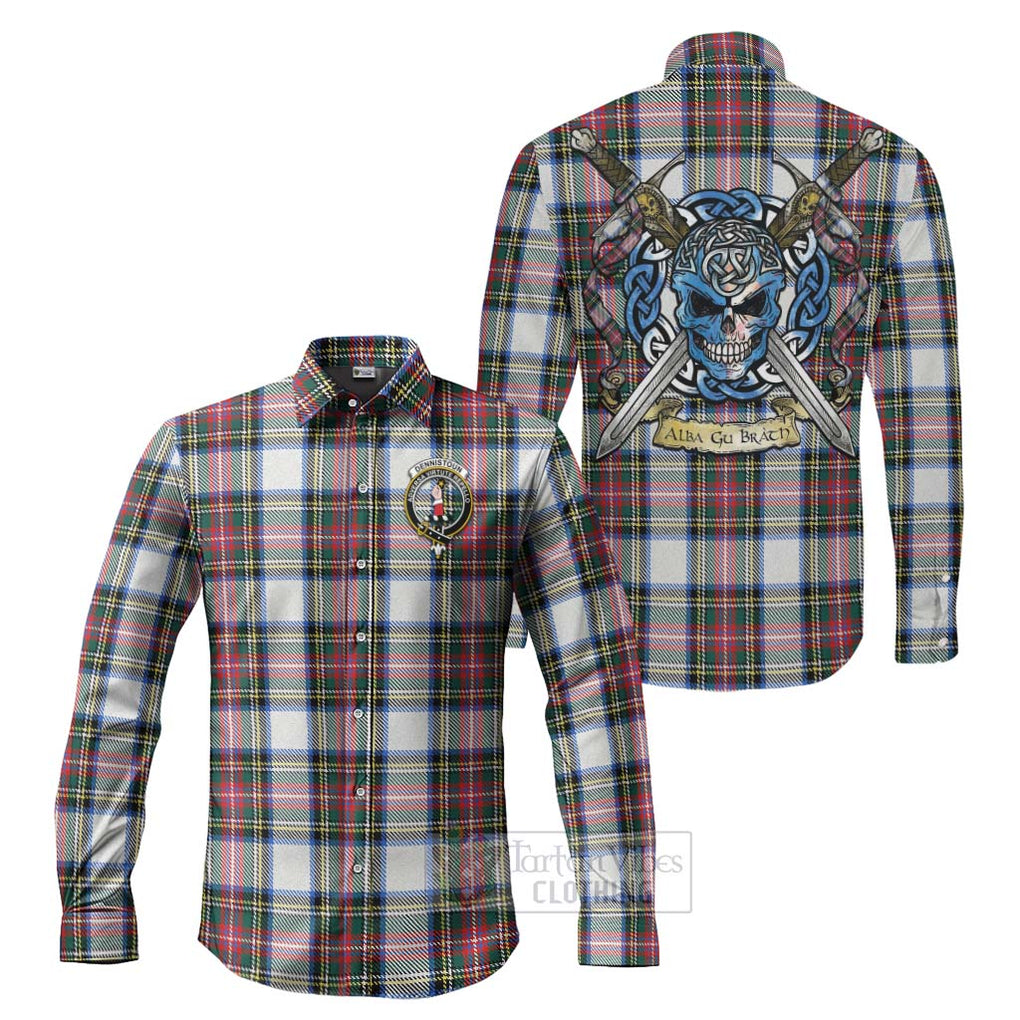 Tartan Vibes Clothing Dennistoun Tartan Long Sleeve Button Shirt with Family Crest Celtic Skull Style