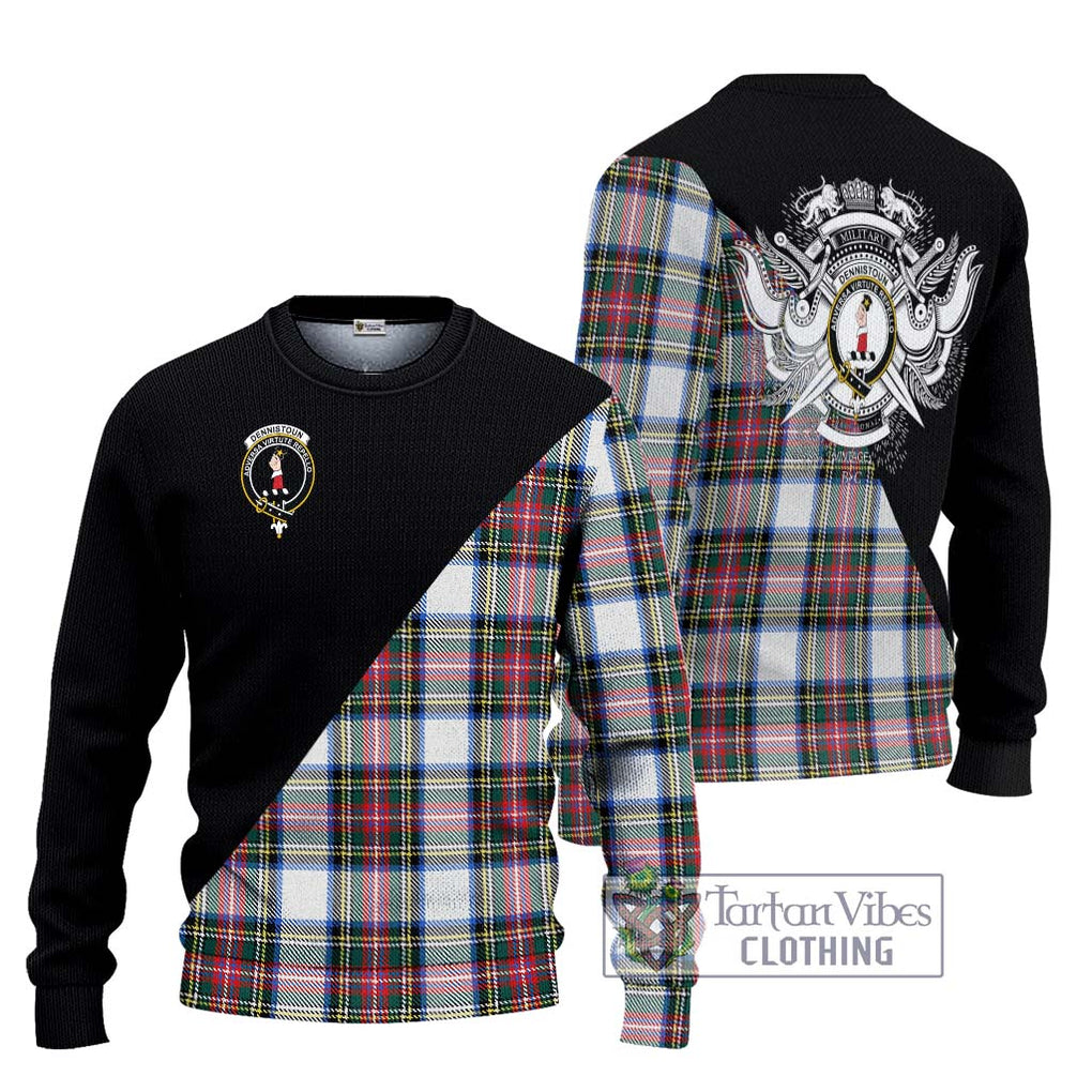 Dennistoun Tartan Knitted Sweater with Family Crest and Military Logo Style Unisex - Tartanvibesclothing Shop