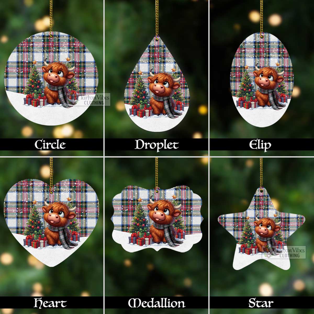 Tartan Vibes Clothing Dennistoun Tartan Christmas Aluminium Ornament with Adorable Highland Coo