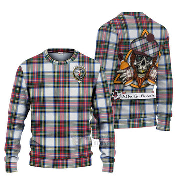 Dennistoun Tartan Ugly Sweater with Family Crest and Bearded Skull Holding Bottles of Whiskey