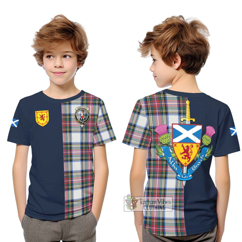 Tartan Vibes Clothing Dennistoun Tartan Kid T-Shirt with Scottish Lion Royal Arm Half Style