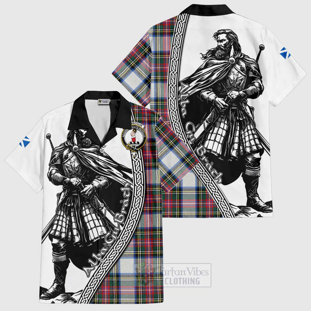 Tartan Vibes Clothing Dennistoun Tartan Clan Crest Short Sleeve Button Shirt with Highlander Warrior Celtic Style