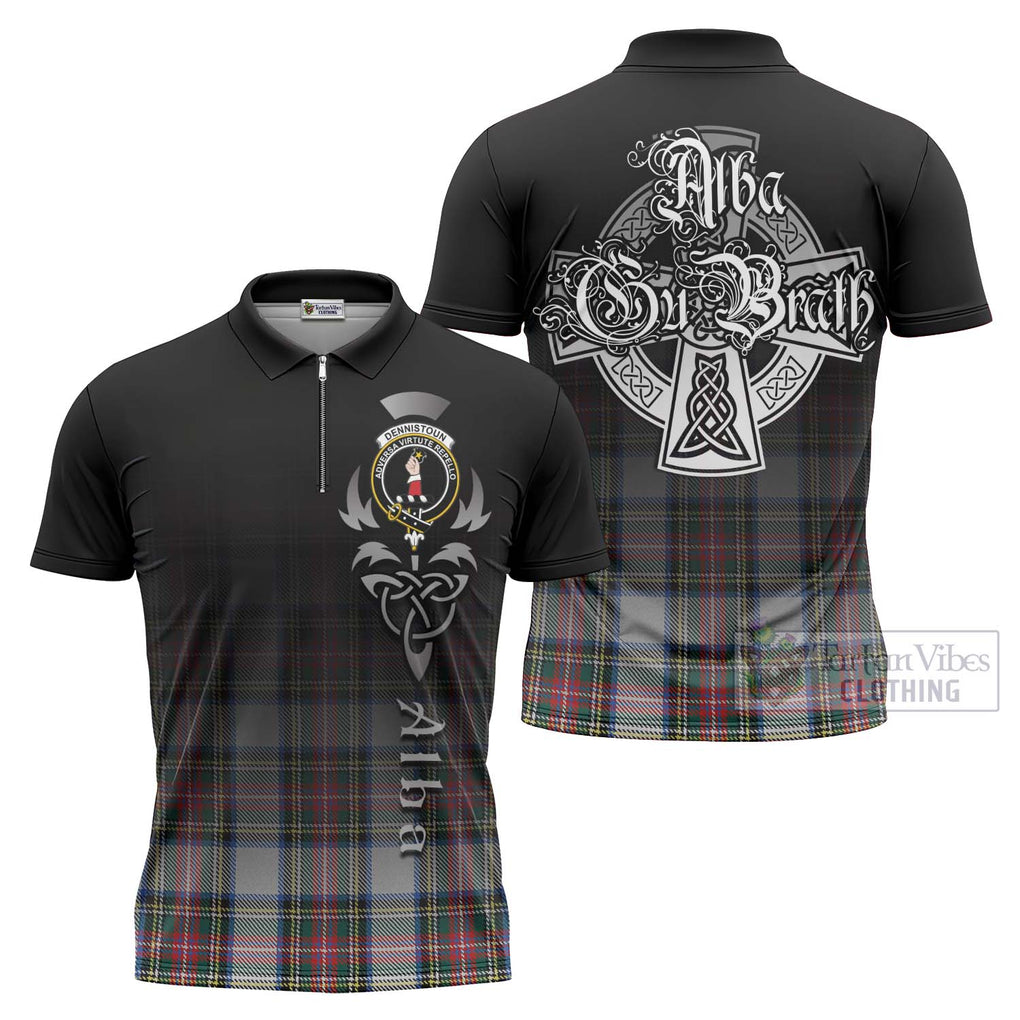 Tartan Vibes Clothing Dennistoun Tartan Zipper Polo Shirt Featuring Alba Gu Brath Family Crest Celtic Inspired