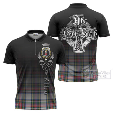 Dennistoun Tartan Zipper Polo Shirt Featuring Alba Gu Brath Family Crest Celtic Inspired