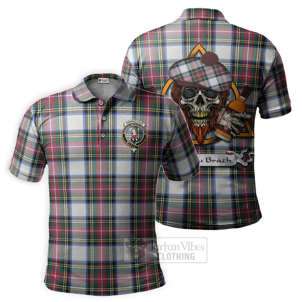 Tartan Vibes Clothing Dennistoun Tartan Polo Shirt with Family Crest and Bearded Skull Holding Bottles of Whiskey