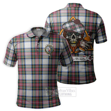 Dennistoun Tartan Polo Shirt with Family Crest and Bearded Skull Holding Bottles of Whiskey