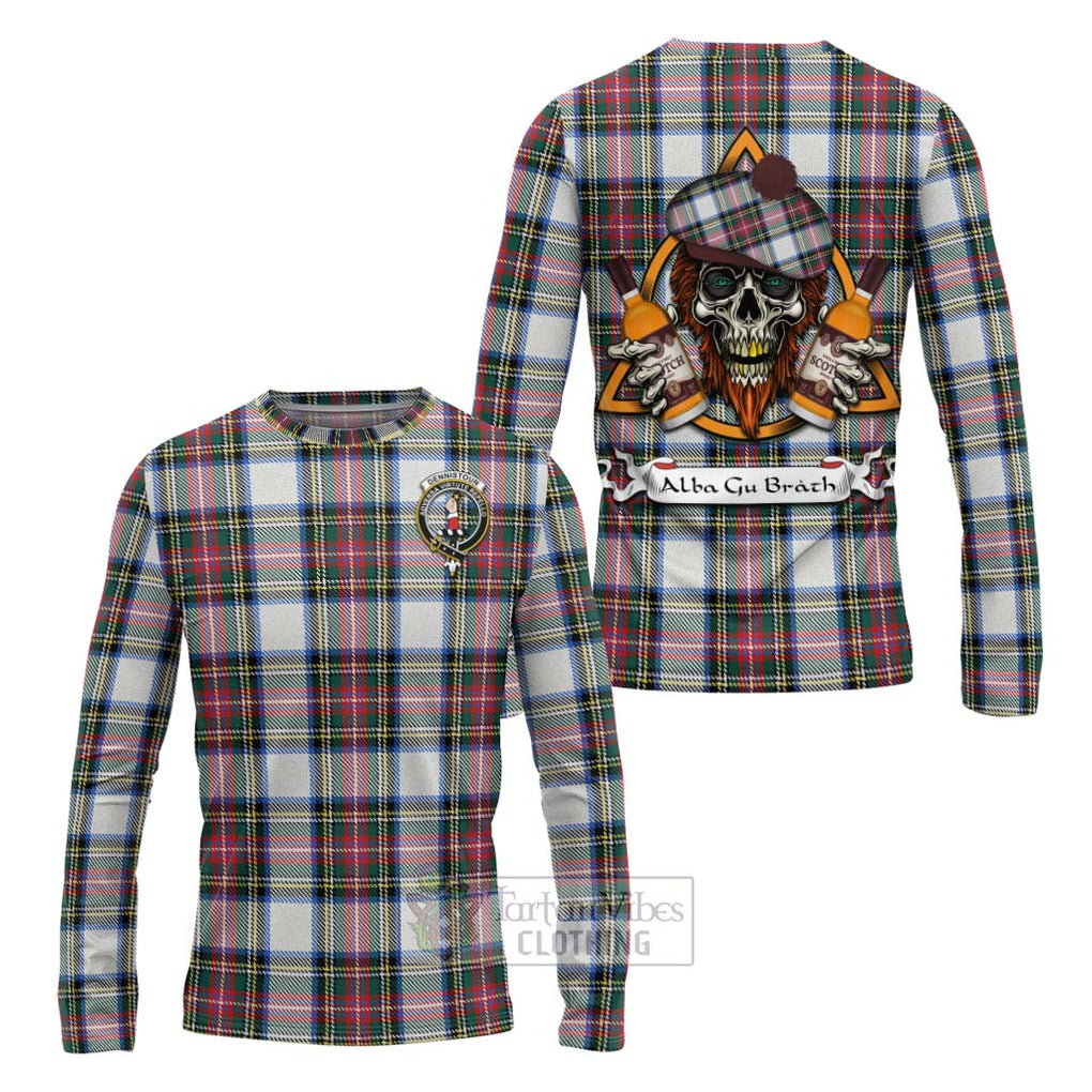 Tartan Vibes Clothing Dennistoun Tartan Long Sleeve T-Shirt with Family Crest and Bearded Skull Holding Bottles of Whiskey