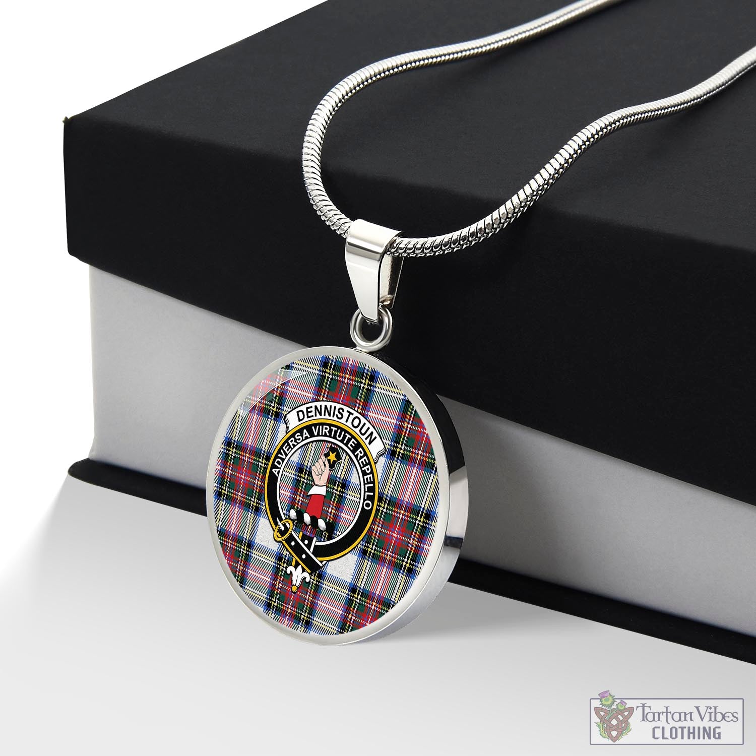 Tartan Vibes Clothing Dennistoun Tartan Circle Necklace with Family Crest