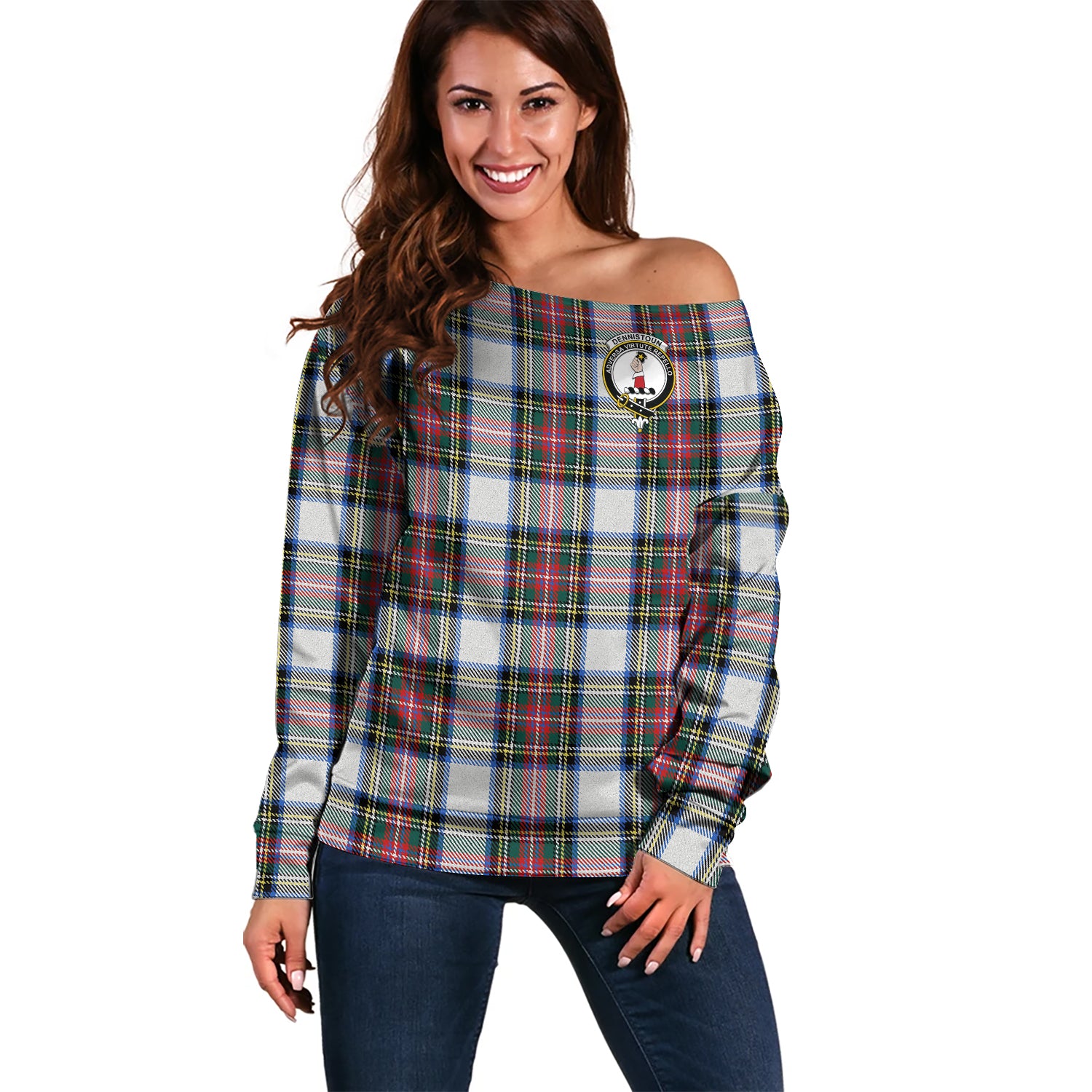 Dennistoun Tartan Off Shoulder Women Sweater with Family Crest Women - Tartanvibesclothing