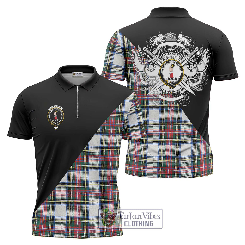 Dennistoun Tartan Zipper Polo Shirt with Family Crest and Military Logo Style Unisex - Tartanvibesclothing Shop