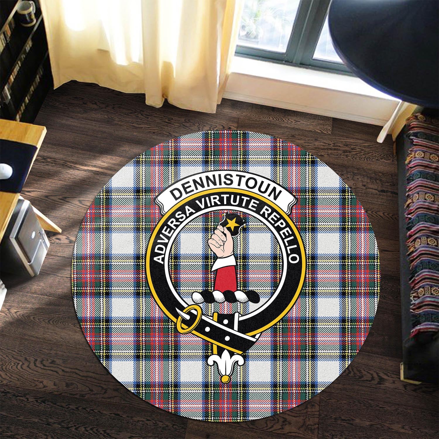 Dennistoun Tartan Round Rug with Family Crest - Tartanvibesclothing