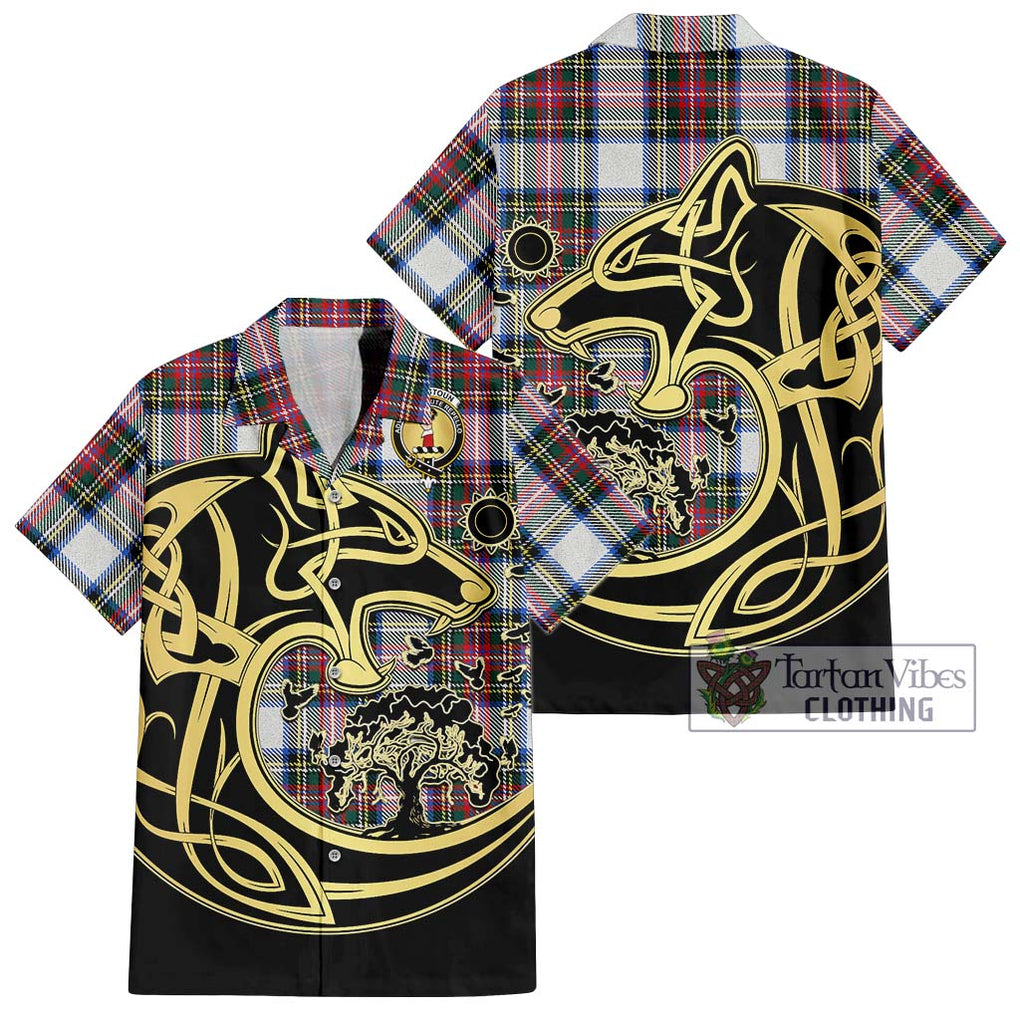 Dennistoun Tartan Short Sleeve Button Shirt with Family Crest Celtic Wolf Style Kid - Tartan Vibes Clothing