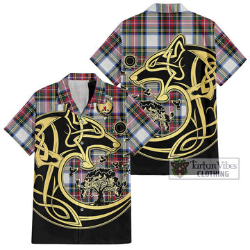 Dennistoun Tartan Short Sleeve Button Shirt with Family Crest Celtic Wolf Style