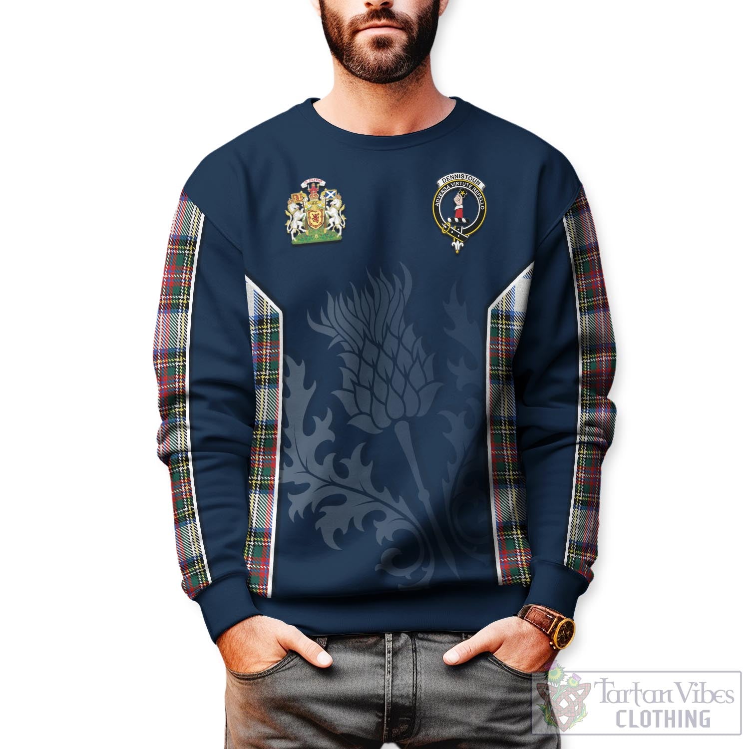 Tartan Vibes Clothing Dennistoun Tartan Sweatshirt with Family Crest and Scottish Thistle Vibes Sport Style