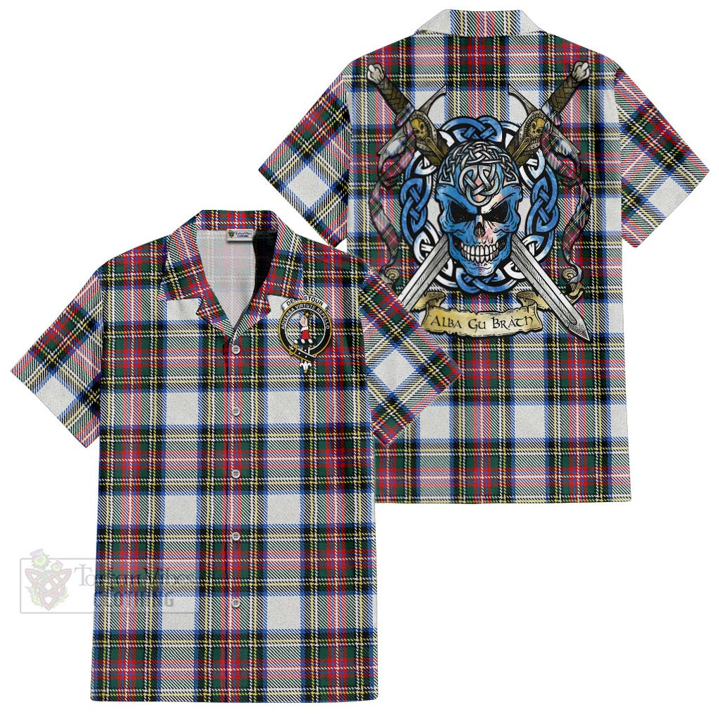 Tartan Vibes Clothing Dennistoun Tartan Short Sleeve Button Shirt with Family Crest Celtic Skull Style