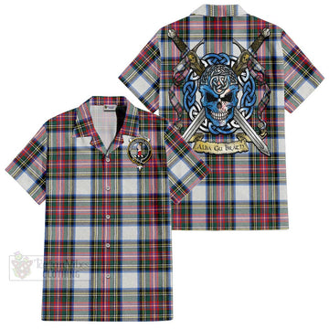 Dennistoun Tartan Short Sleeve Button Shirt with Family Crest Celtic Skull Style