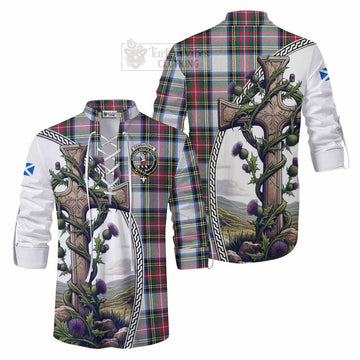 Dennistoun Tartan Ghillie Kilt Shirt with Family Crest and St. Andrew's Cross Accented by Thistle Vines Men - Tartan Vibes Clothing