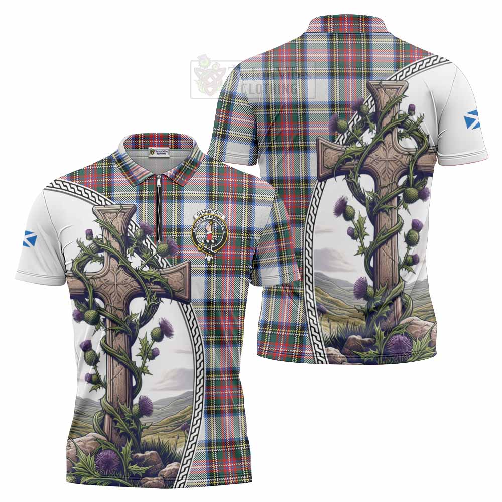 Tartan Vibes Clothing Dennistoun Tartan Zipper Polo Shirt with Family Crest and St. Andrew's Cross Accented by Thistle Vines