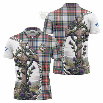 Dennistoun Tartan Zipper Polo Shirt with Family Crest and St. Andrew's Cross Accented by Thistle Vines