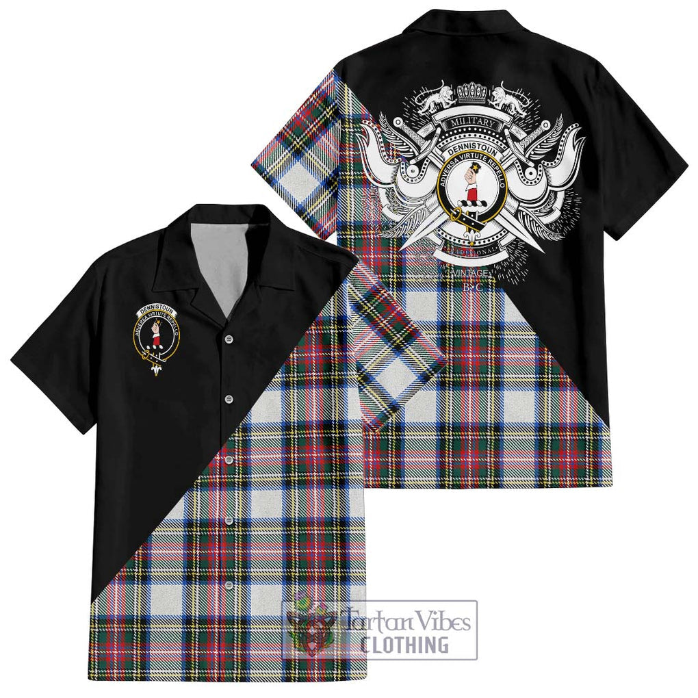 Dennistoun Tartan Short Sleeve Button Shirt with Family Crest and Military Logo Style Kid - Tartanvibesclothing Shop