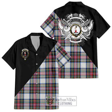 Dennistoun Tartan Short Sleeve Button Shirt with Family Crest and Military Logo Style