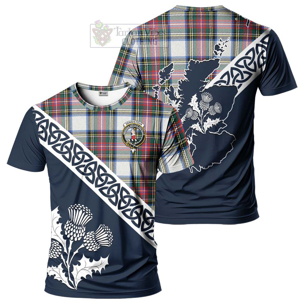 Dennistoun Tartan T-Shirt Featuring Thistle and Scotland Map