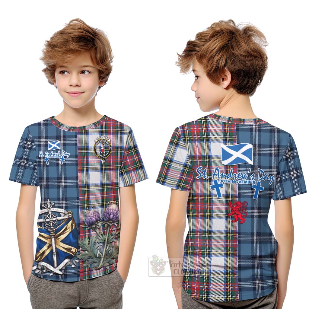 Tartan Vibes Clothing Dennistoun Tartan Kid T-Shirt Happy St. Andrew's Day Half Tartan Style