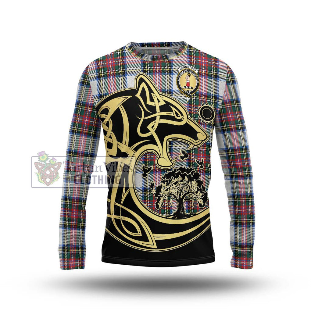 Dennistoun Tartan Long Sleeve T-Shirt with Family Crest Celtic Wolf Style Unisex - Tartan Vibes Clothing