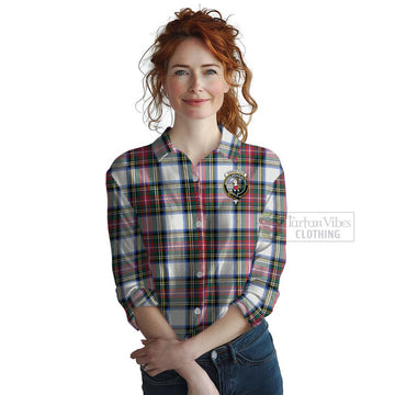 Dennistoun Tartan Women's Casual Shirt with Family Crest and Bearded Skull Holding Bottles of Whiskey