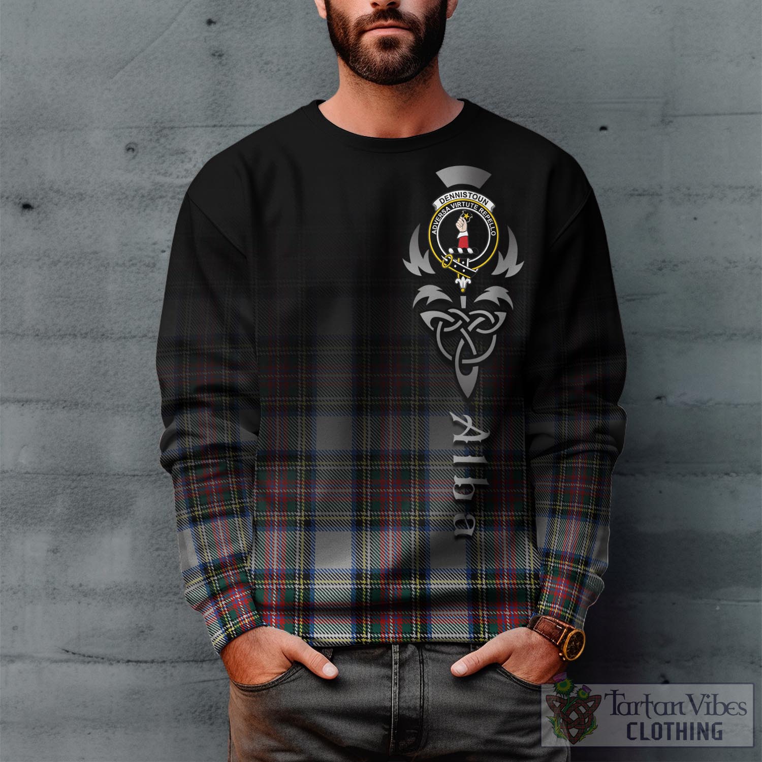 Tartan Vibes Clothing Dennistoun Tartan Sweatshirt Featuring Alba Gu Brath Family Crest Celtic Inspired